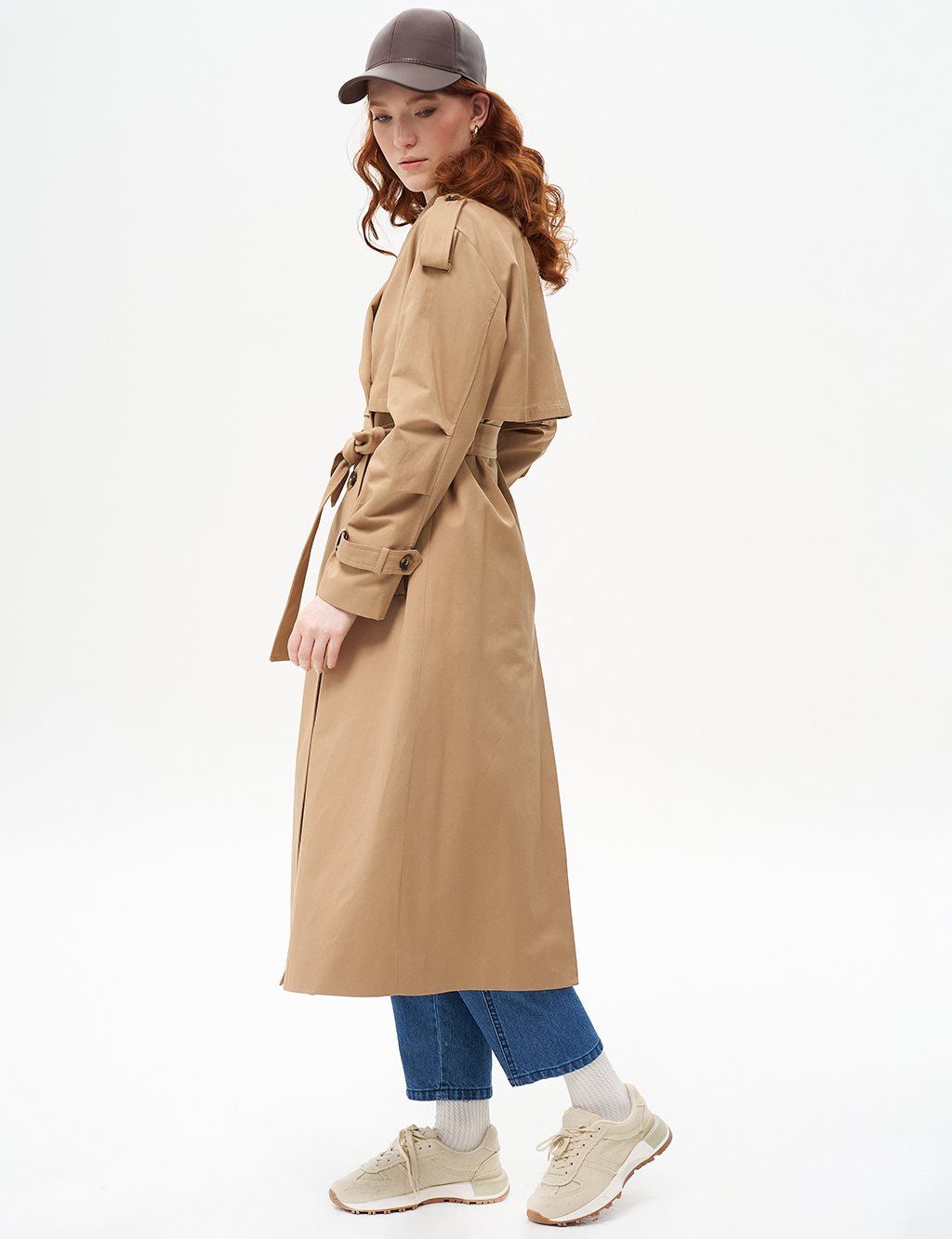 Belted Cape with Epaulette Detail Beige