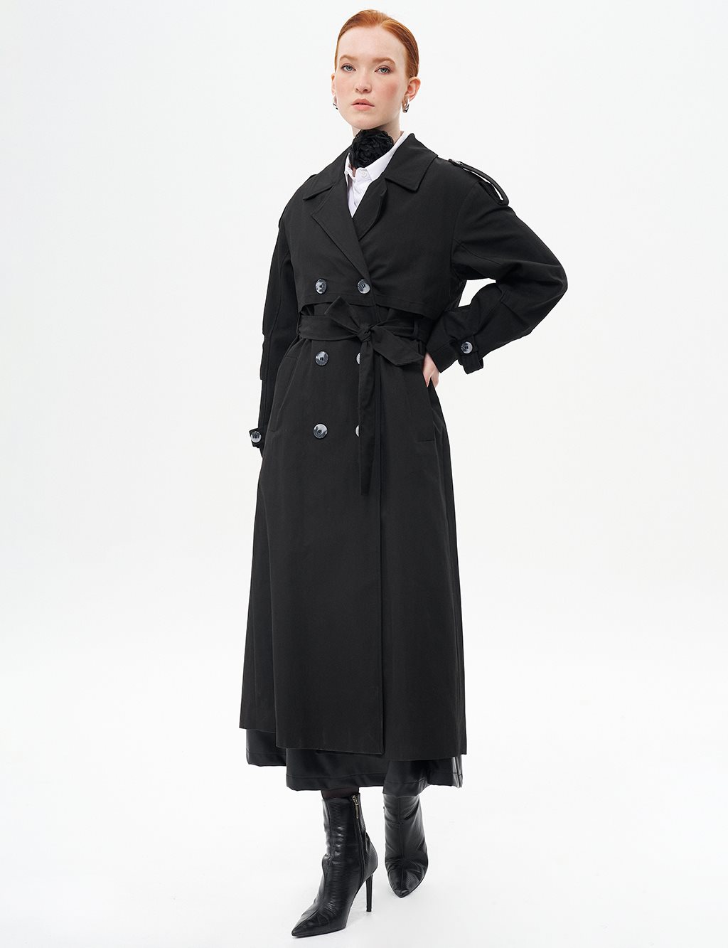 Belted Cape with Epaulette Detail Black