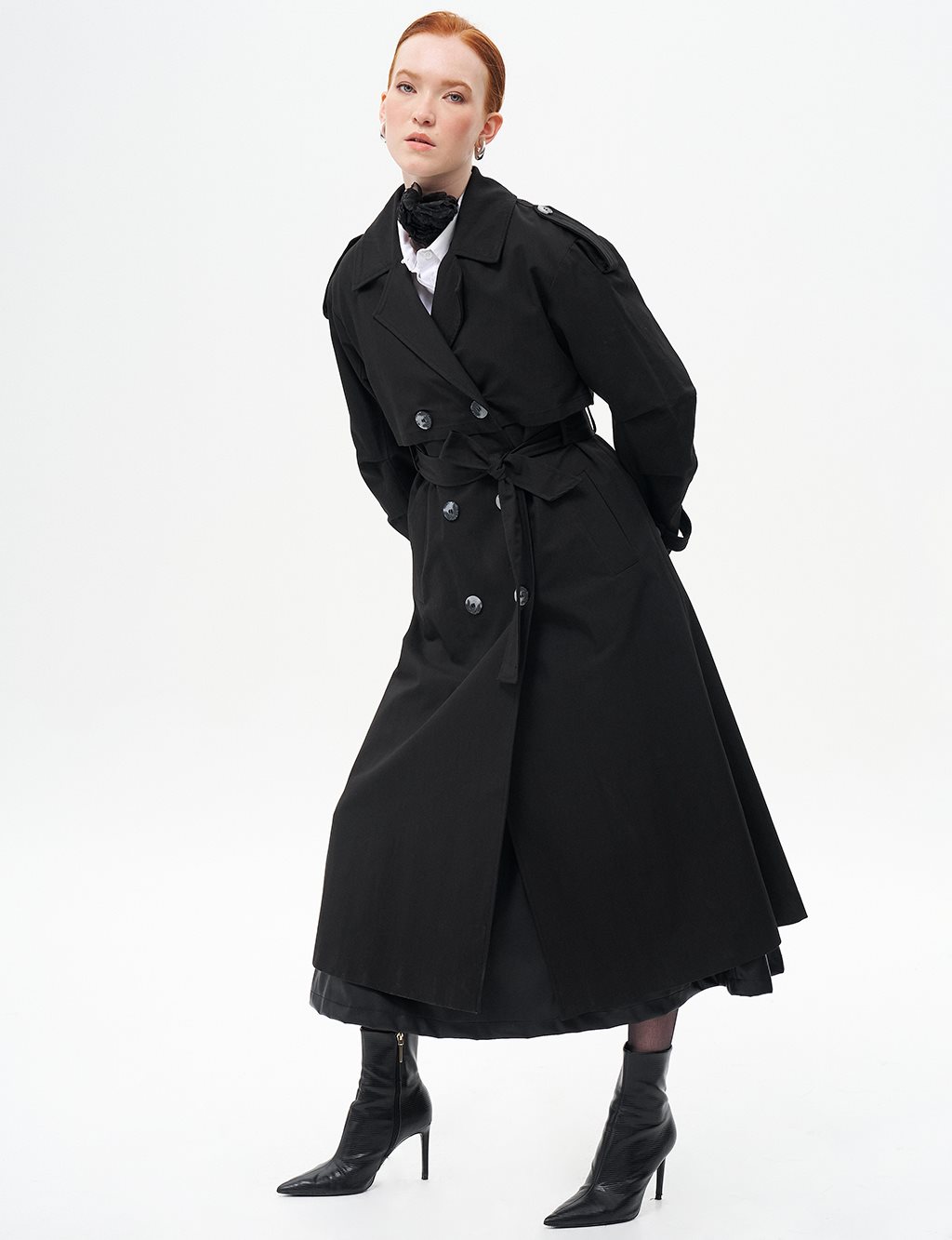 Belted Cape with Epaulette Detail Black