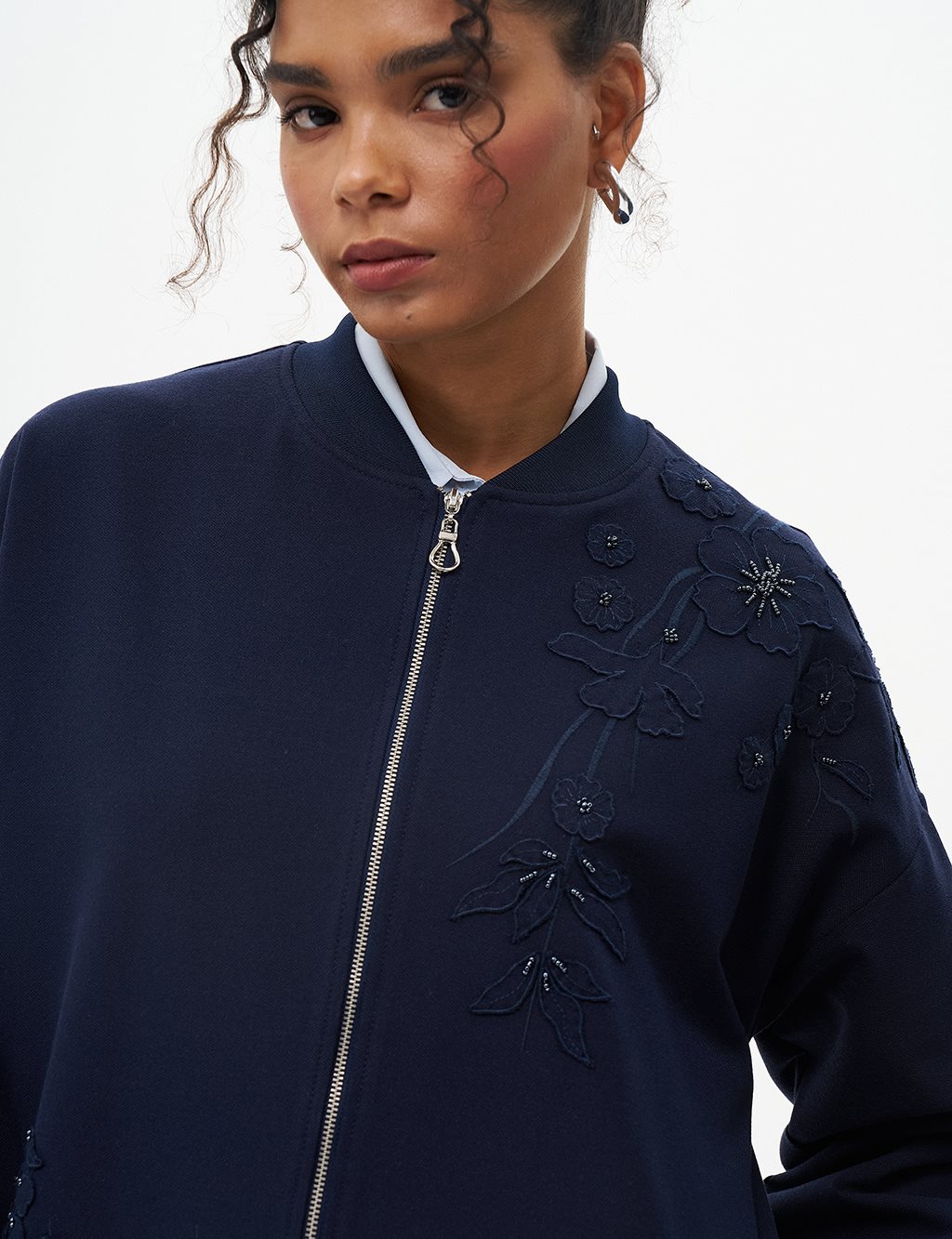 Embroidered Zippered Jacket Navy Blue