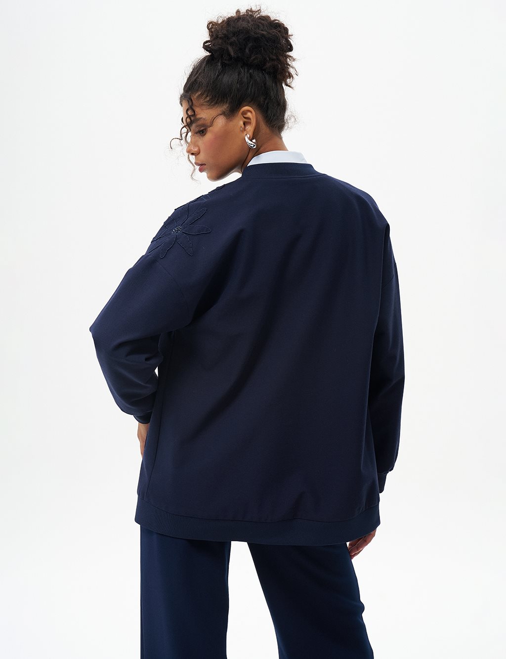 Embroidered Zippered Jacket Navy Blue