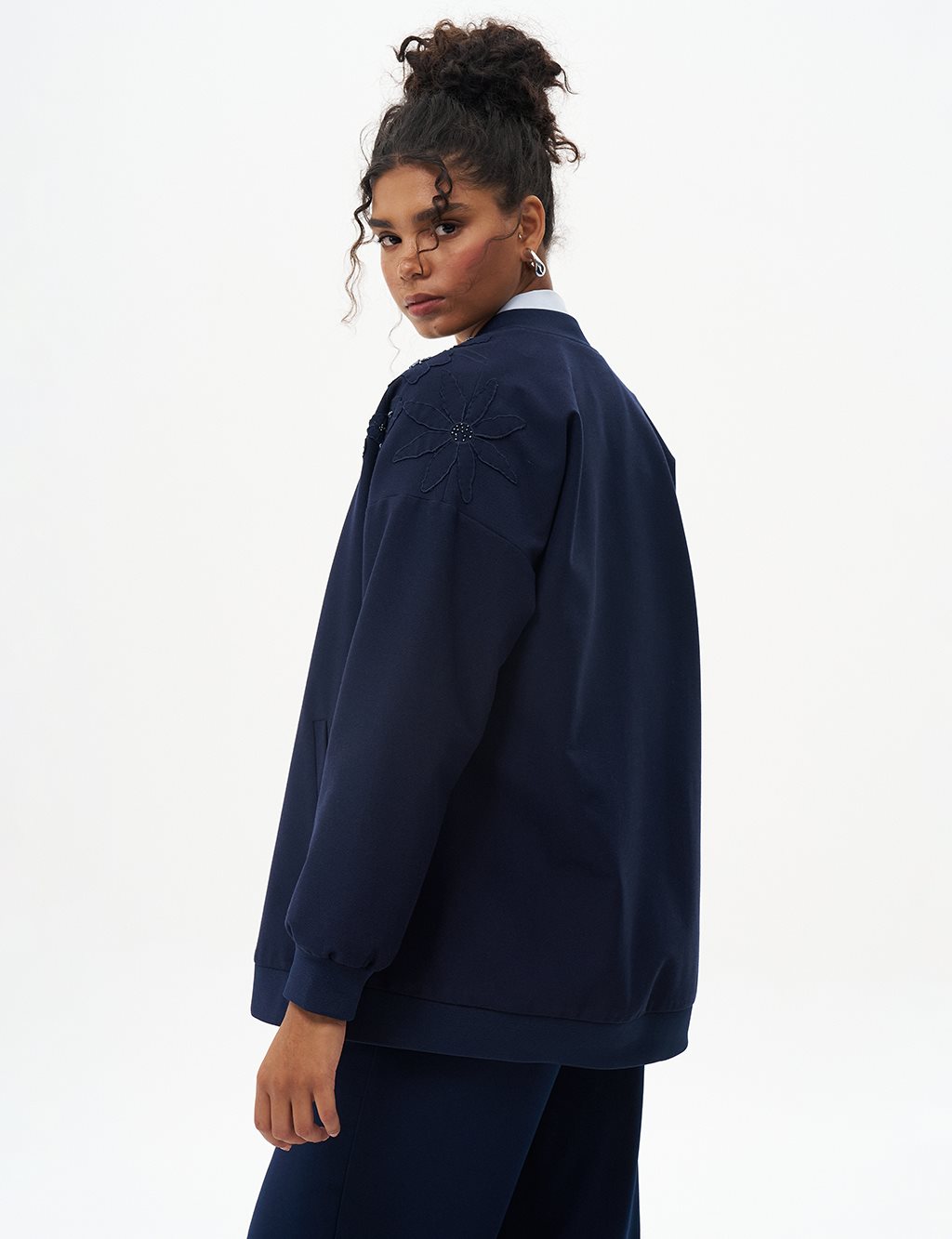 Embroidered Zippered Jacket Navy Blue