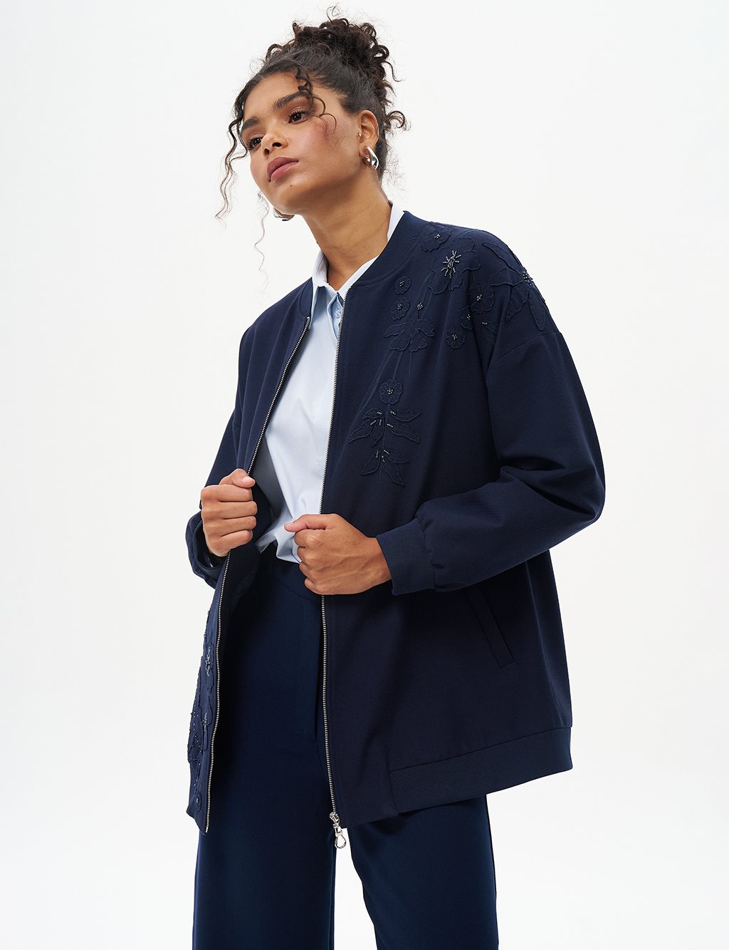 Embroidered Zippered Jacket Navy Blue