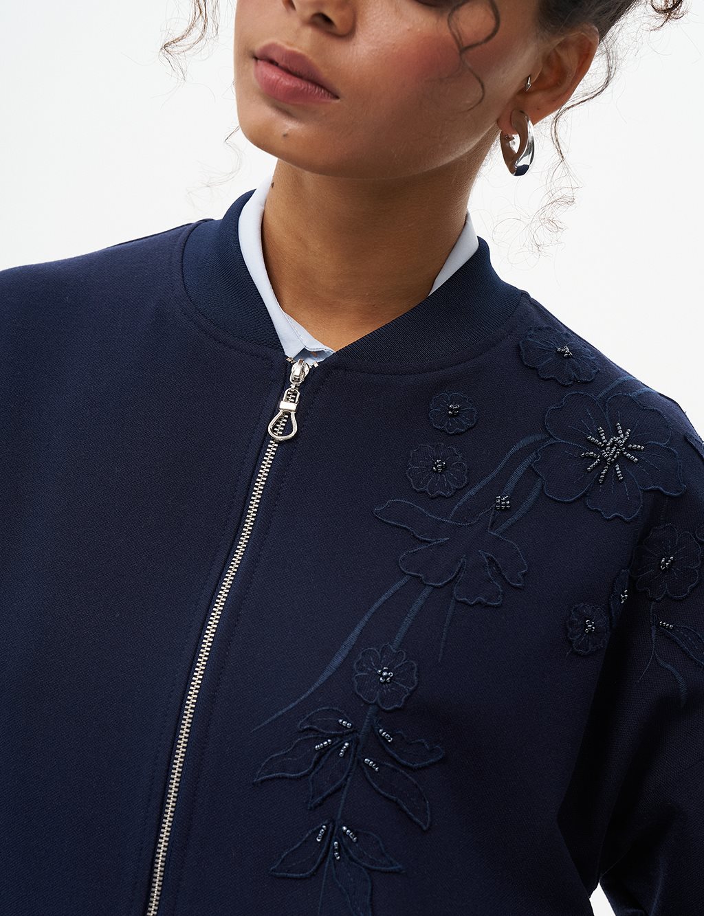 Embroidered Zippered Jacket Navy Blue