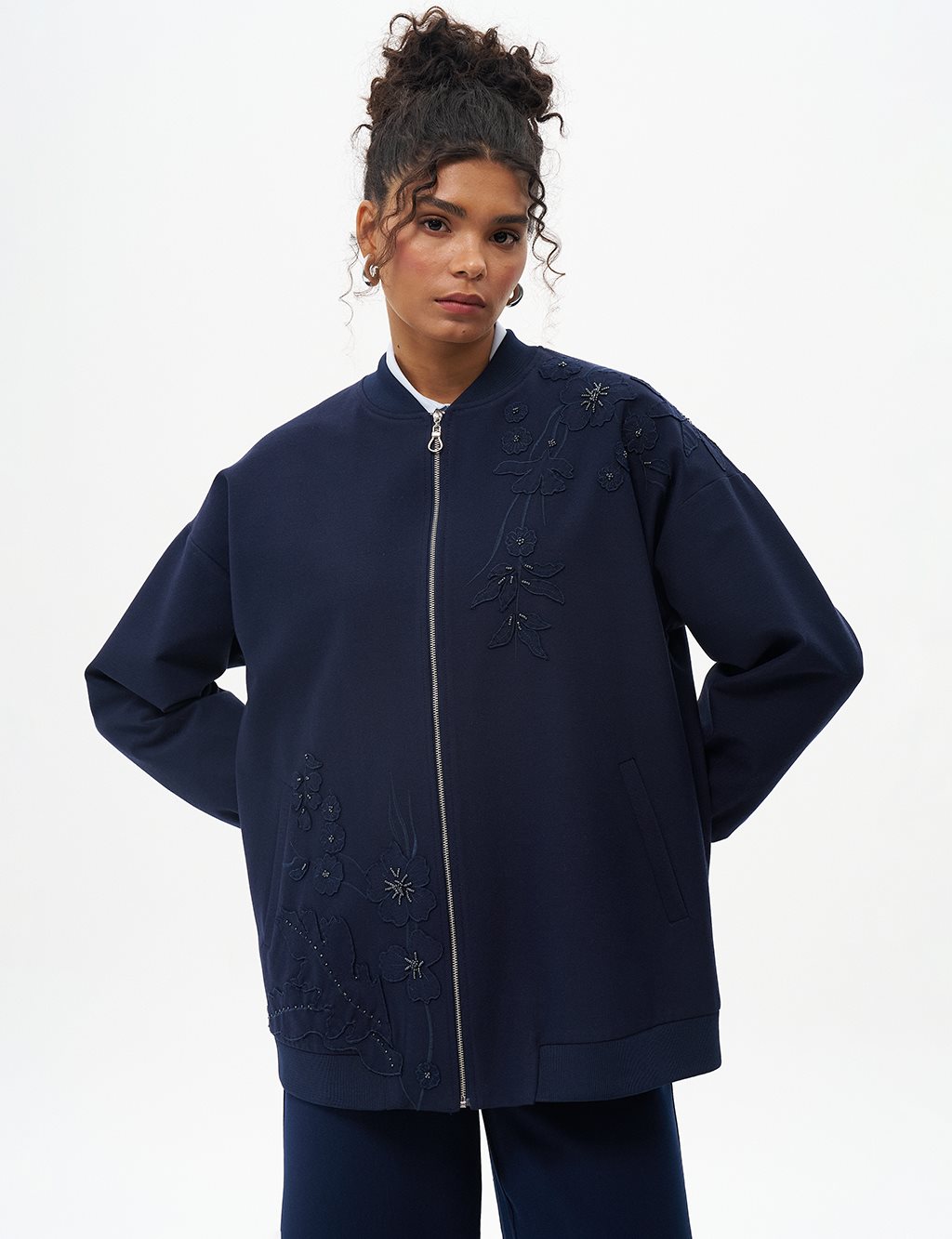 Embroidered Zippered Jacket Navy Blue