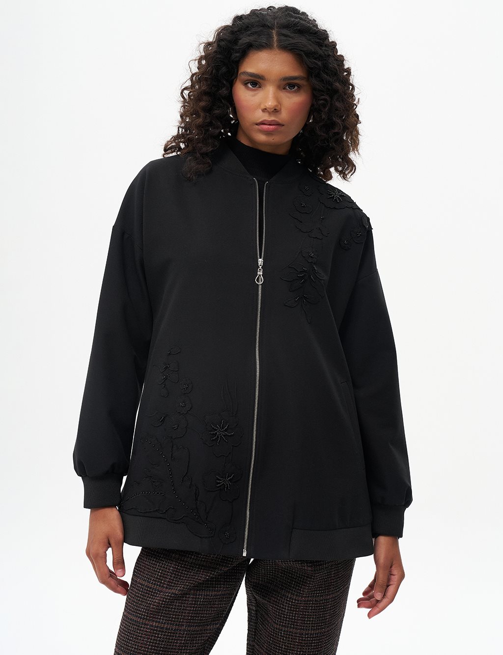 Embroidered Zippered Jacket Black