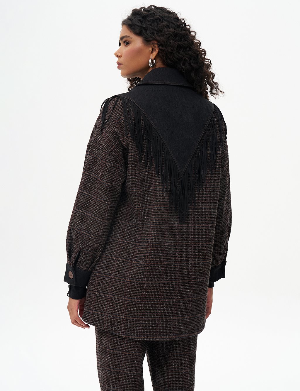 Fringed Jacket with Denim Accents in Brown