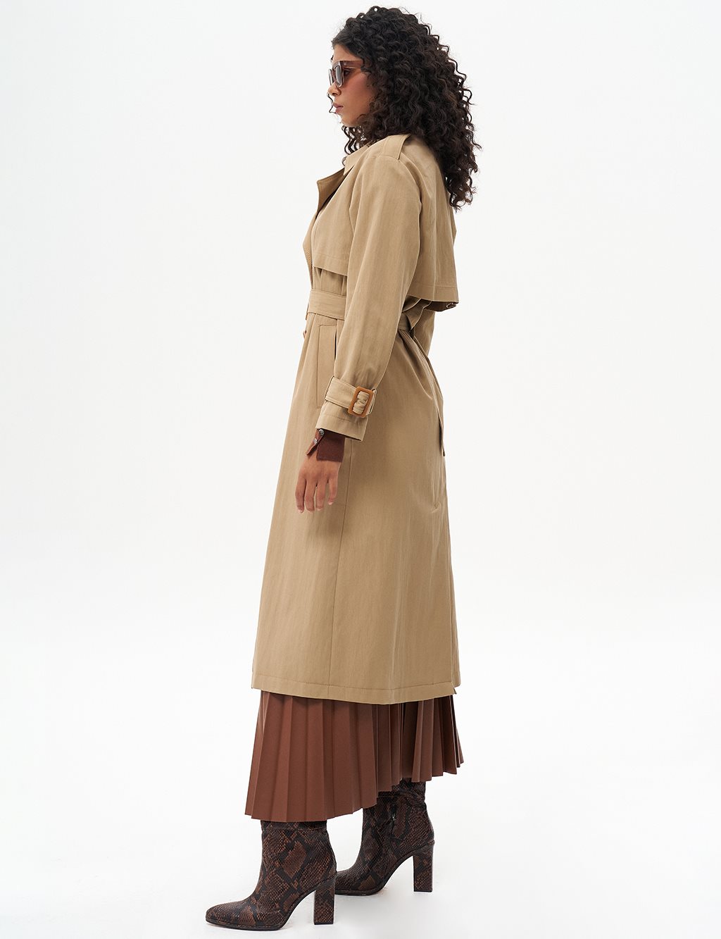 Belted Cape with Epaulette Detail Beige