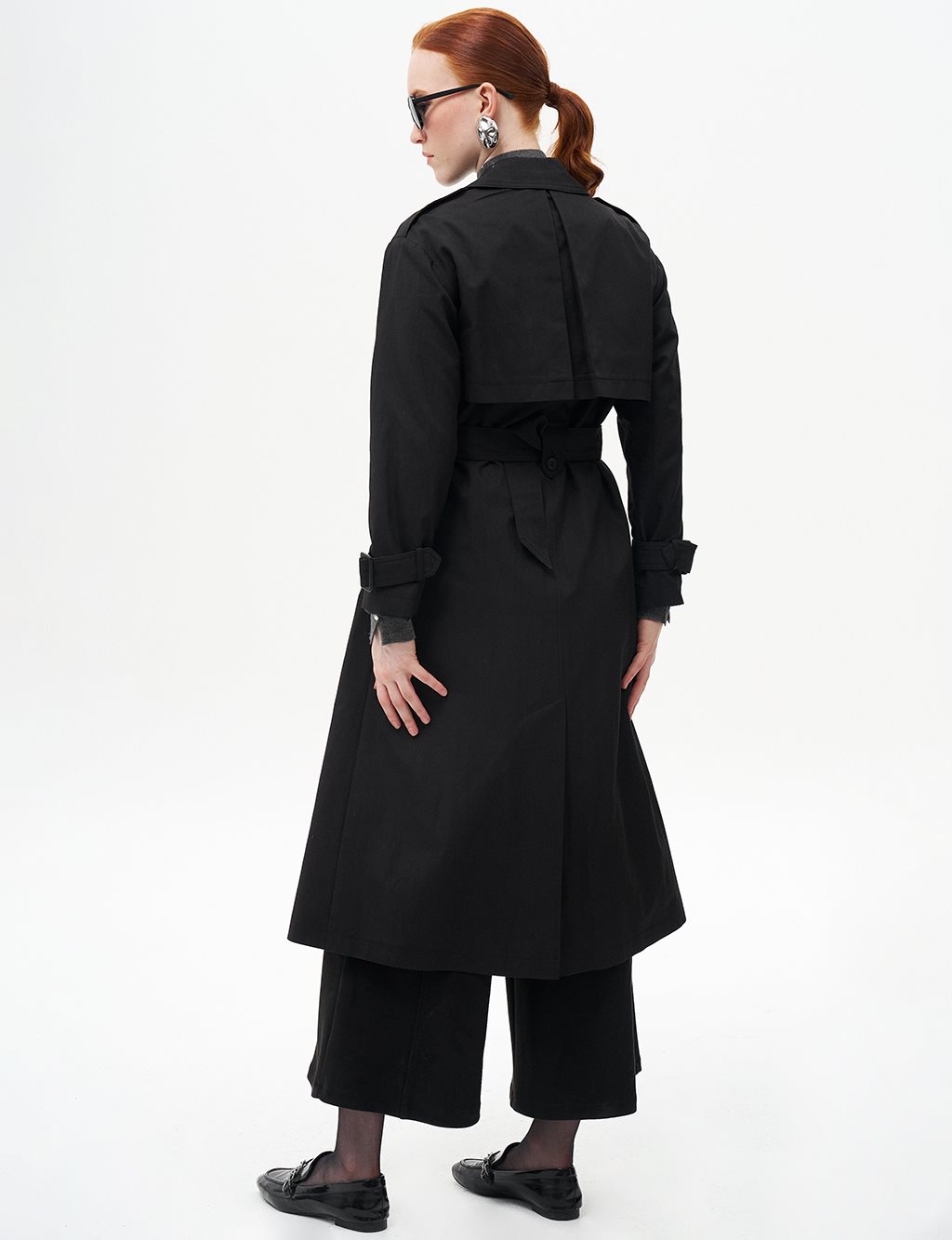 Belted Cape with Epaulette Detail Black