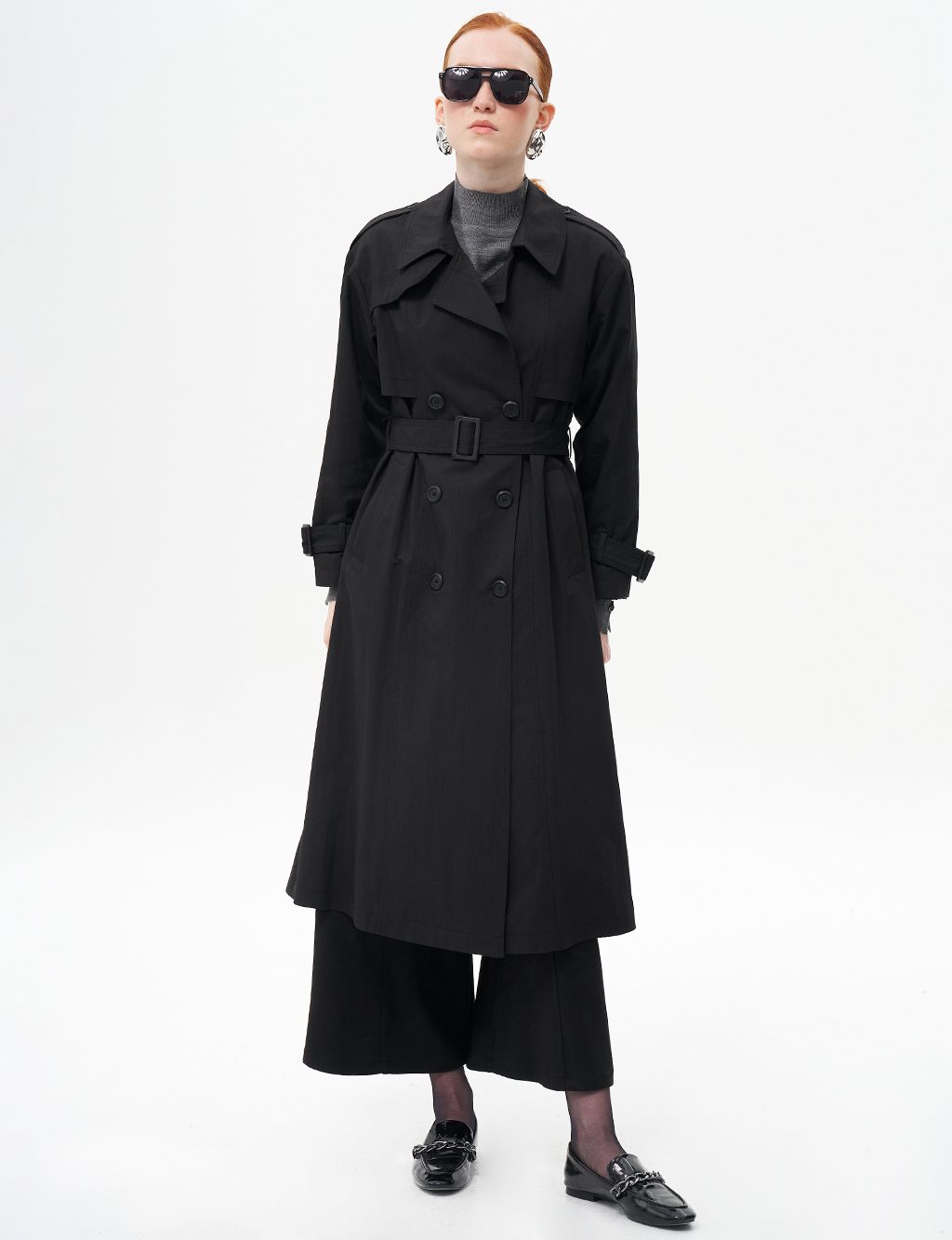 Belted Cape with Epaulette Detail Black