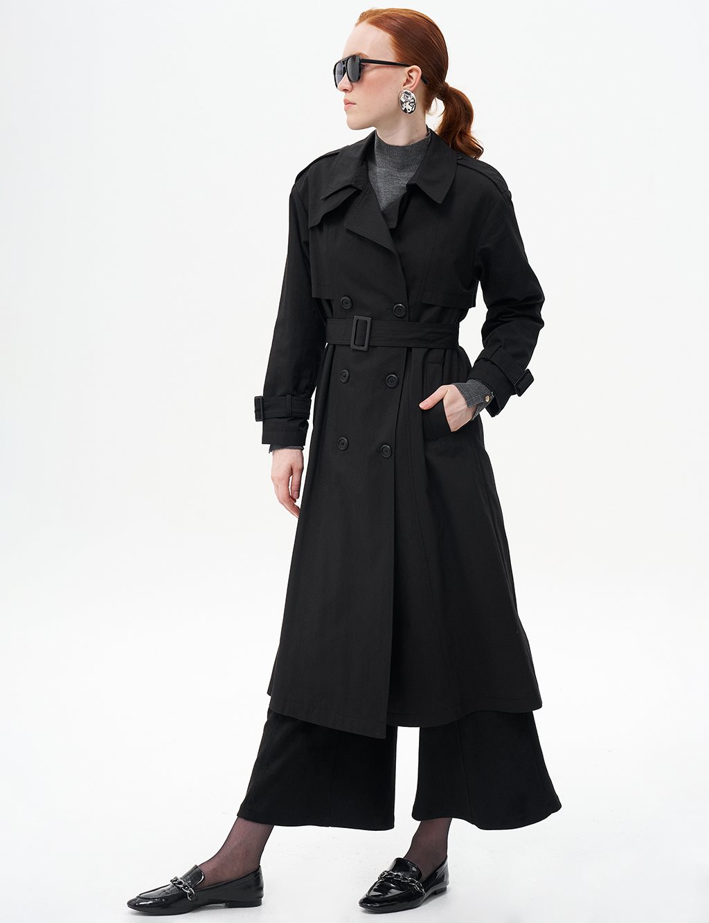 Belted Cape with Epaulette Detail Black