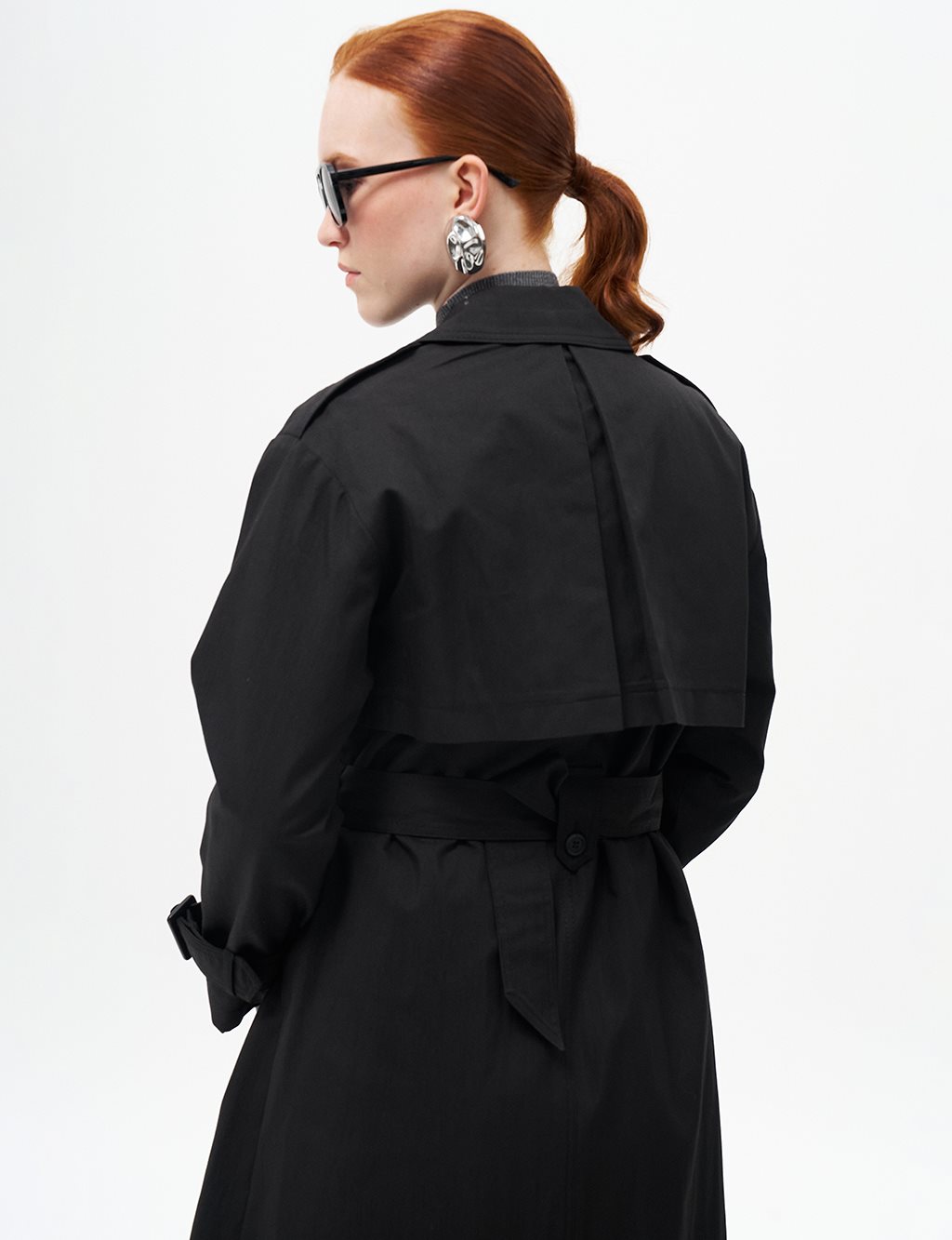 Belted Cape with Epaulette Detail Black