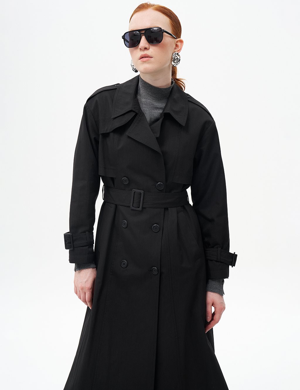 Belted Cape with Epaulette Detail Black