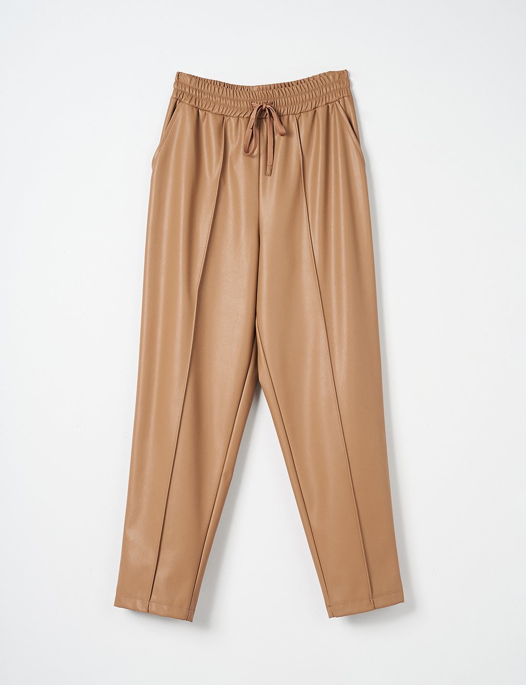 Waist Elastic Faux Leather Trousers Beige