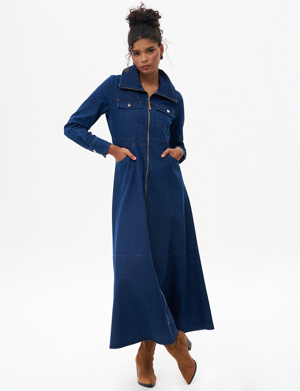 Fermuar Kapamalı Denim Elbise Lacivert