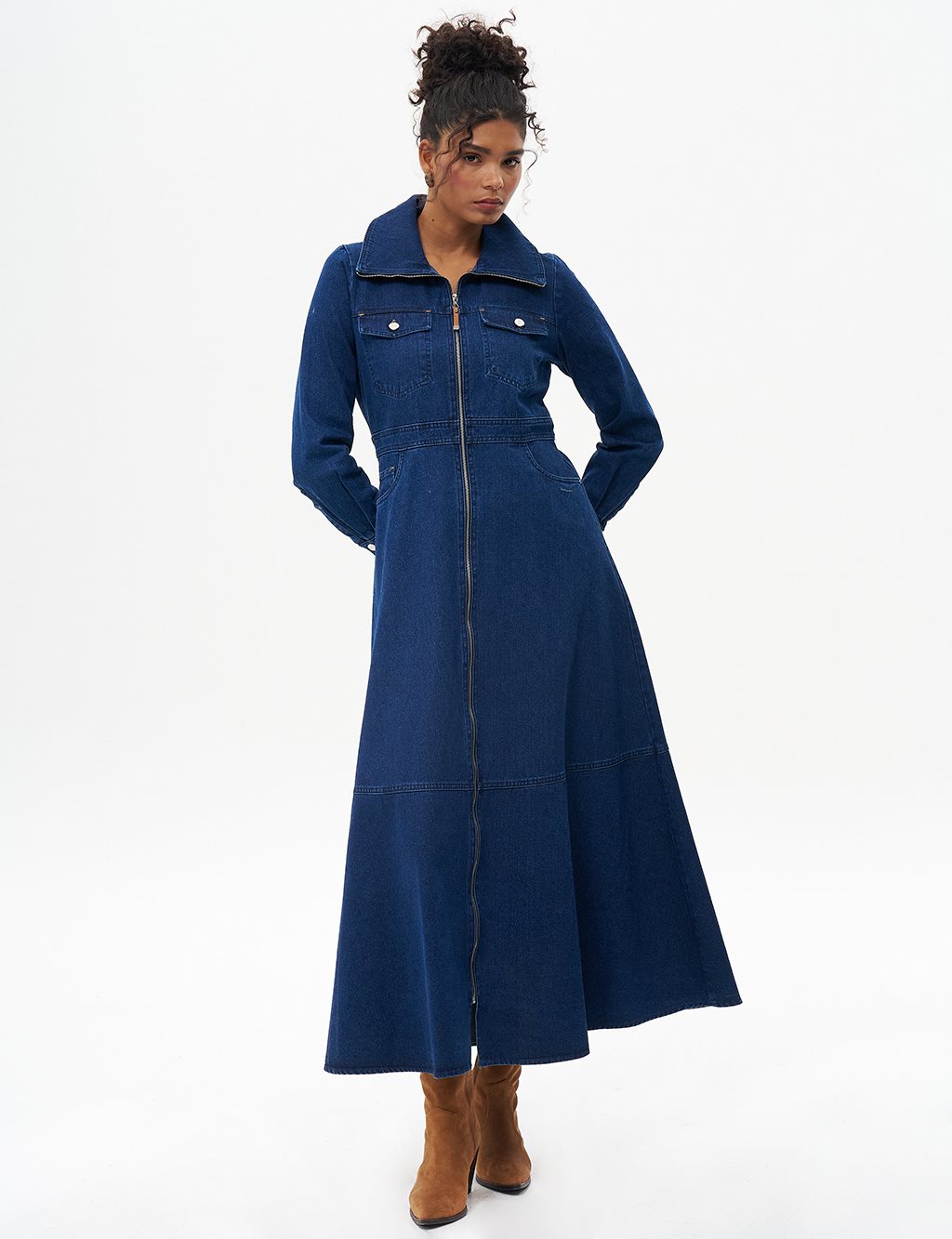 Fermuar Kapamalı Denim Elbise Lacivert