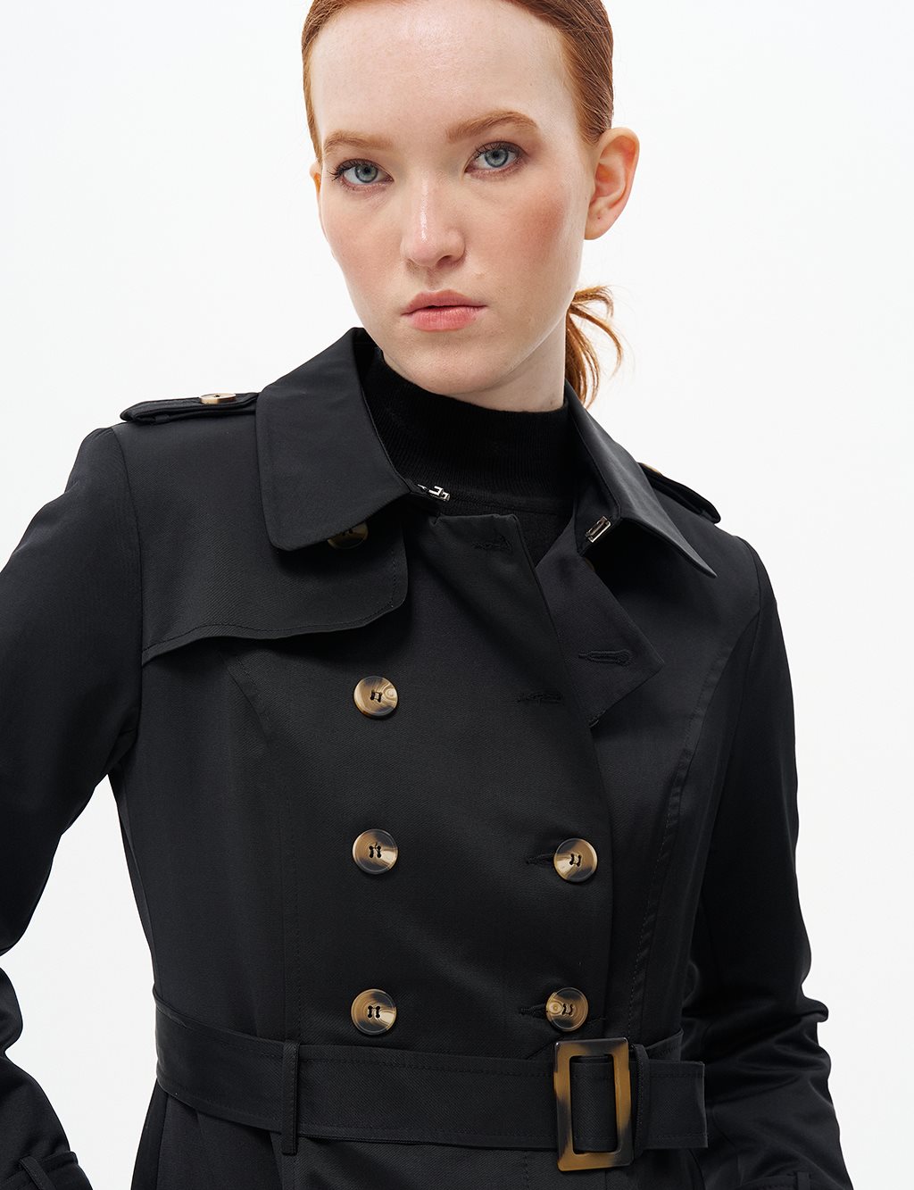 Double-Breasted Shawl Collar Trench Coat Black