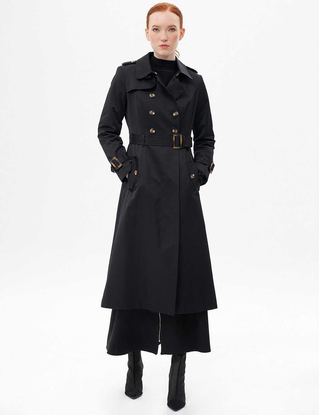 Double-Breasted Shawl Collar Trench Coat Black