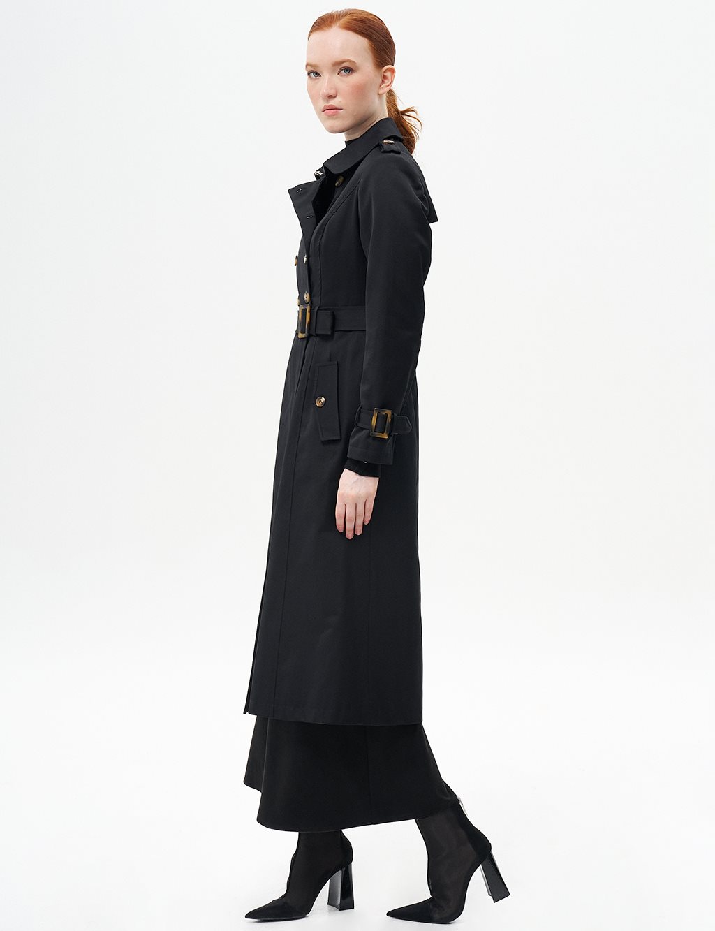 Double-Breasted Shawl Collar Trench Coat Black