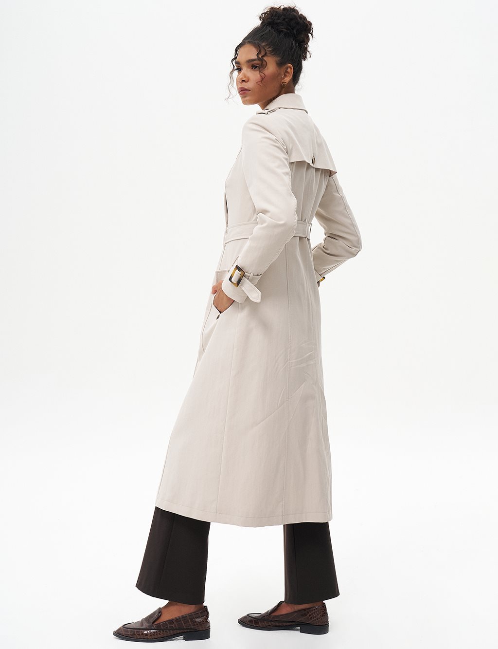 Double-Breasted Shawl Collar Trench Coat Stone