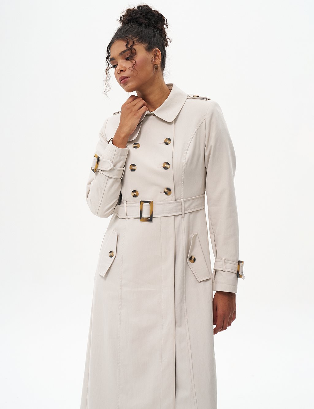 Double-Breasted Shawl Collar Trench Coat Stone