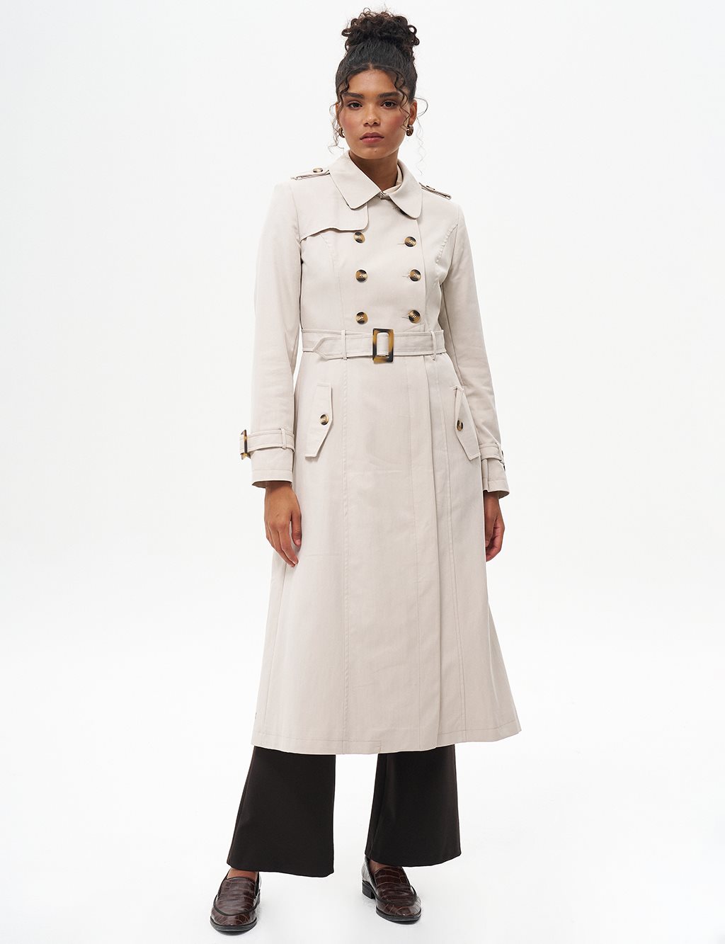 Double-Breasted Shawl Collar Trench Coat Stone