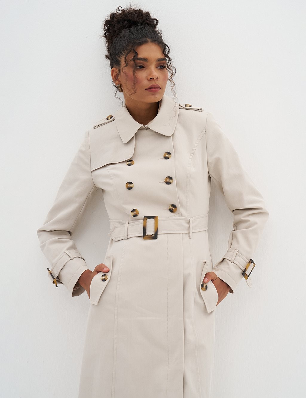 Double-Breasted Shawl Collar Trench Coat Stone