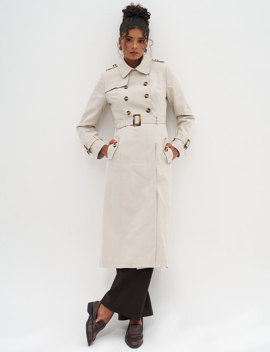 Double-Breasted Shawl Collar Trench Coat Stone