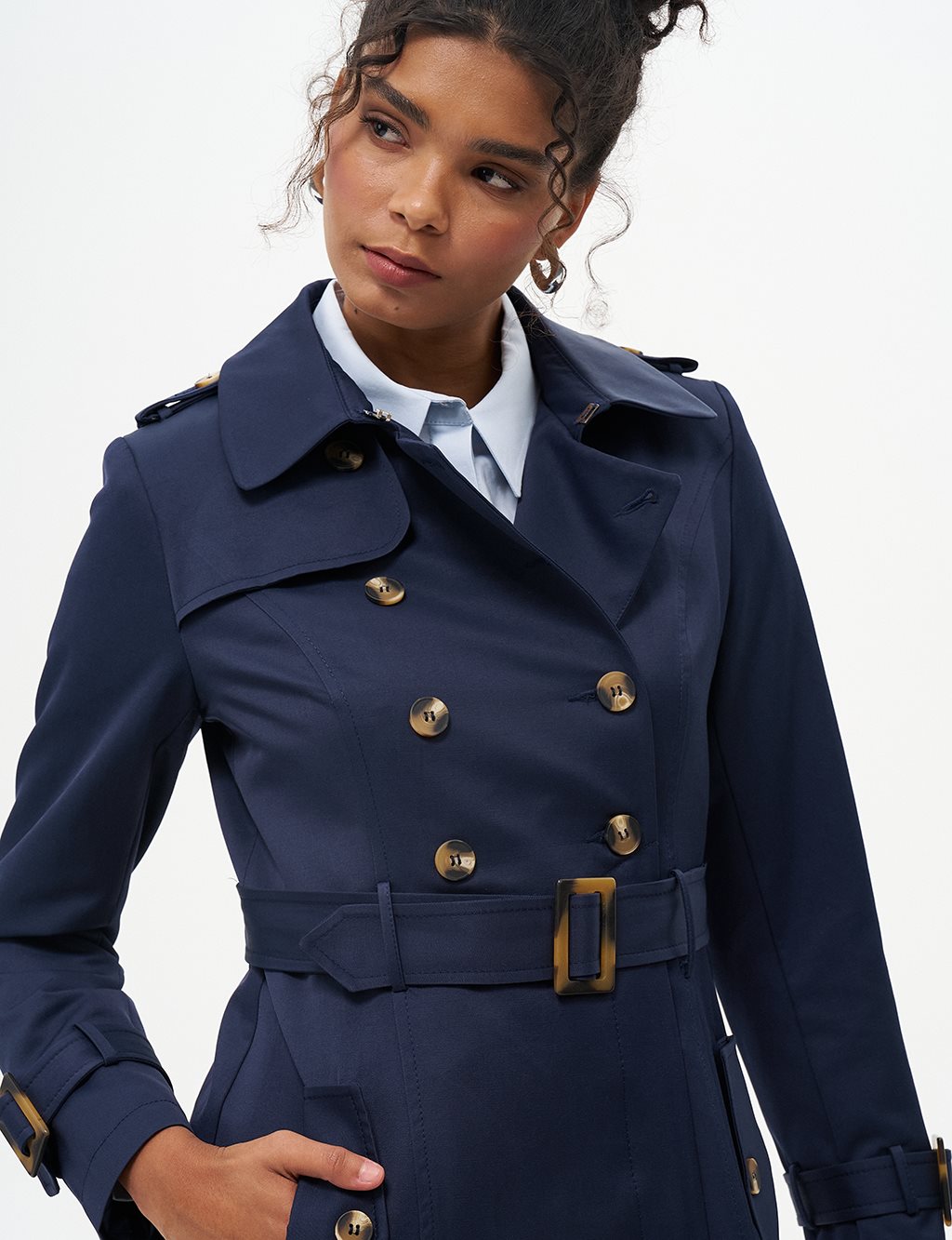 Double-Breasted Shawl Collar Trench Coat Dark Navy