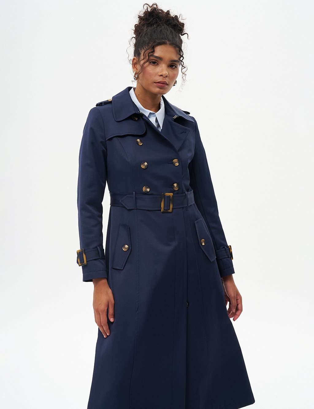 Double-Breasted Shawl Collar Trench Coat Dark Navy