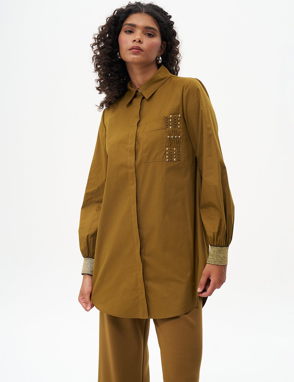 Stone Embellished Cotton Tunic Dark Olive