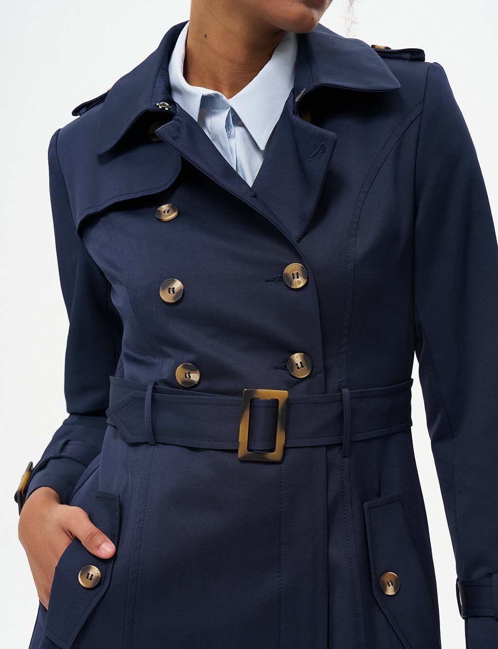 Double-Breasted Shawl Collar Trench Coat Dark Navy