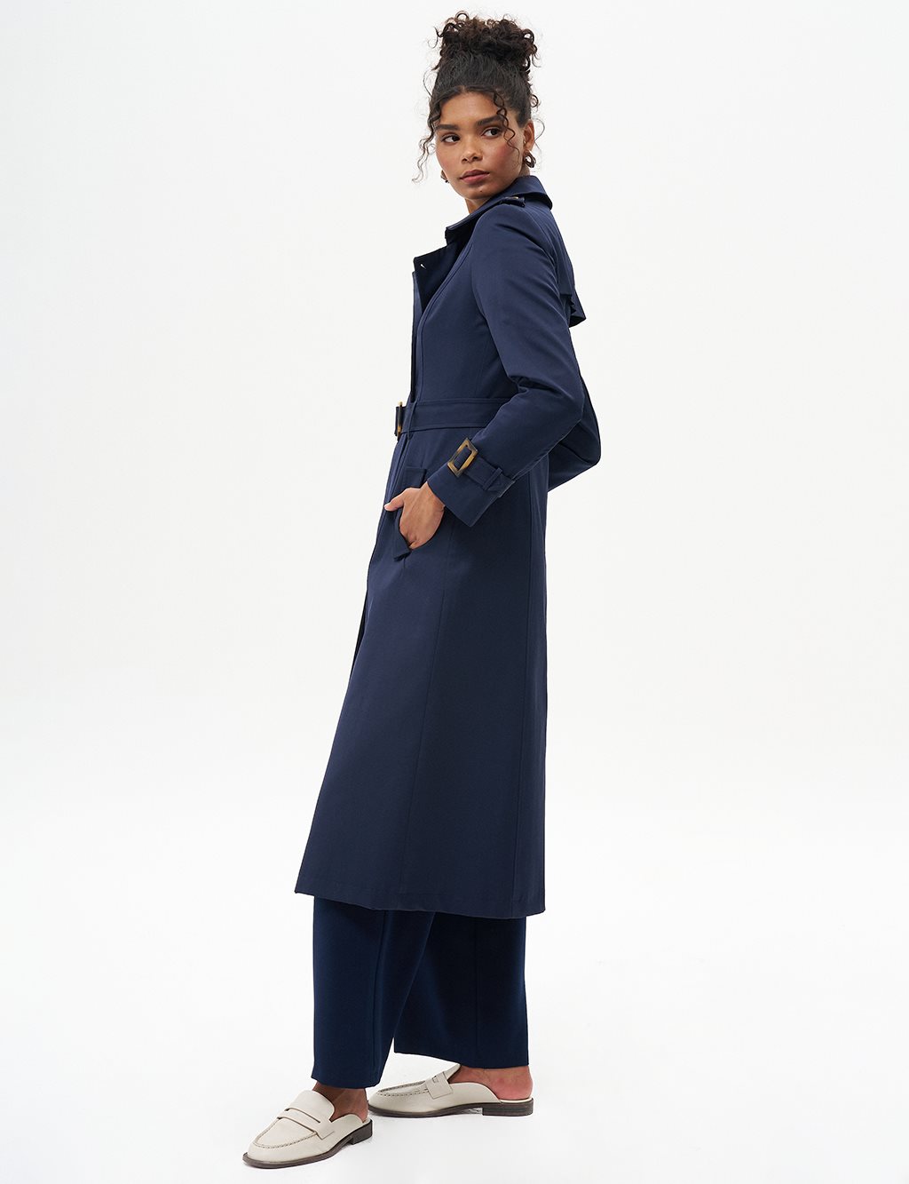 Double-Breasted Shawl Collar Trench Coat Dark Navy