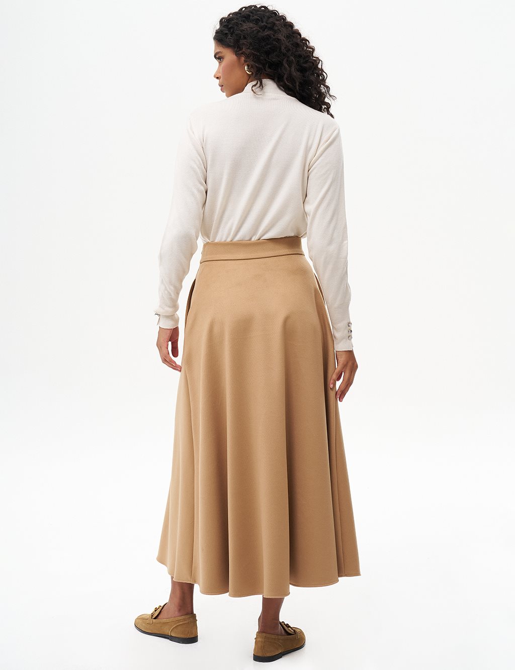 Zipper Detailed Flared Wool Skirt in Camel