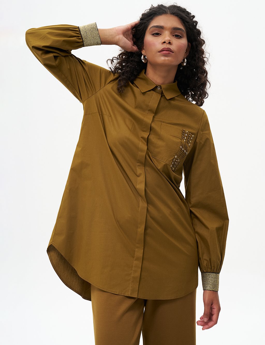 Stone Embellished Cotton Tunic Dark Olive