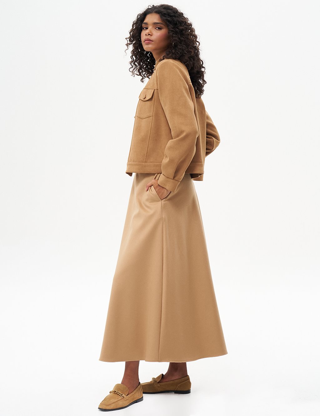 Zipper Detailed Flared Wool Skirt in Camel