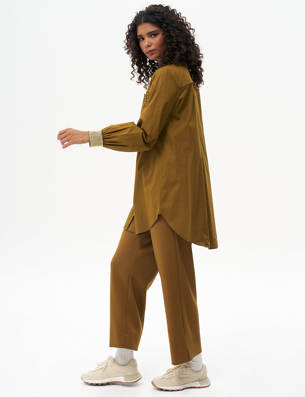 Stone Embellished Cotton Tunic Dark Olive