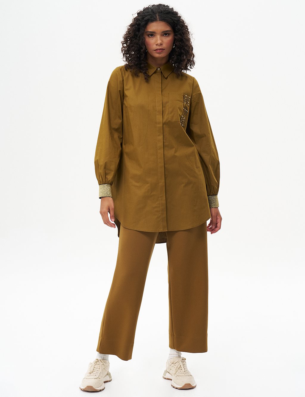 Stone Embellished Cotton Tunic Dark Olive
