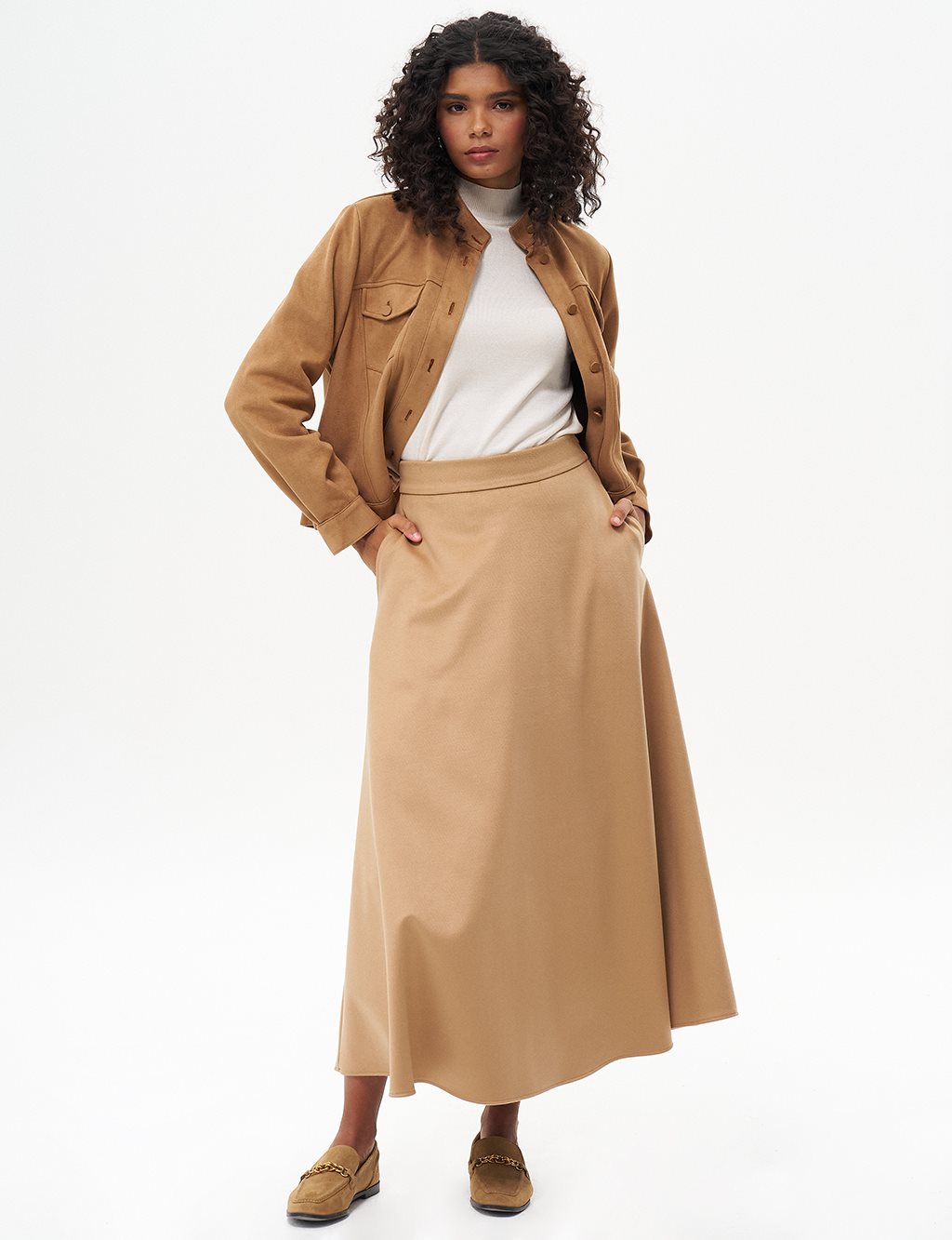 Zipper Detailed Flared Wool Skirt in Camel
