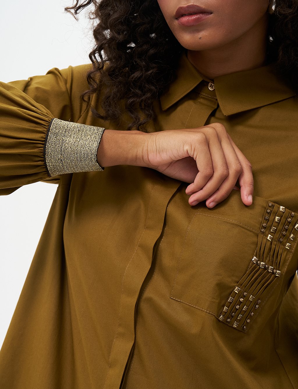Stone Embellished Cotton Tunic Dark Olive