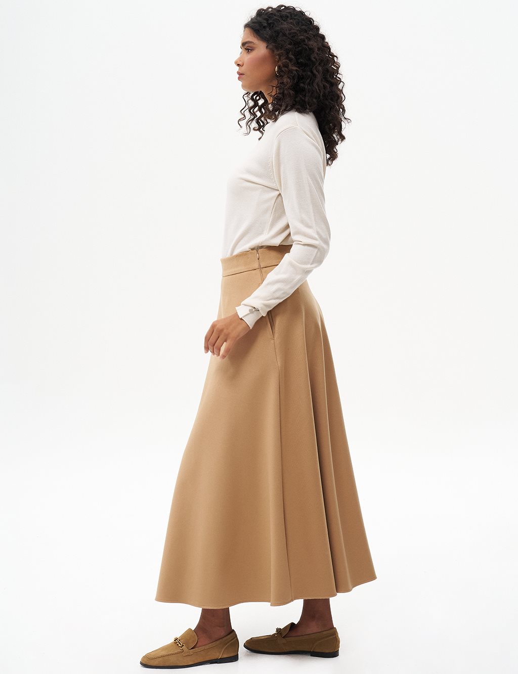 Zipper Detailed Flared Wool Skirt in Camel