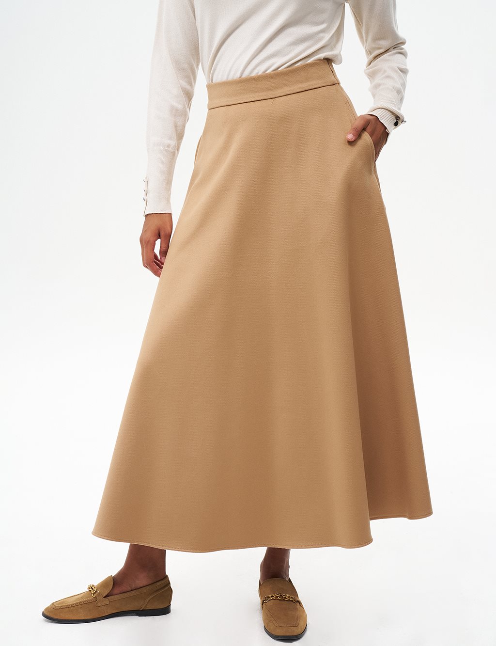 Zipper Detailed Flared Wool Skirt in Camel