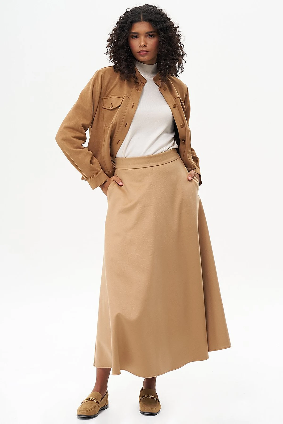 Zipper Detailed Flared Wool Skirt in Camel