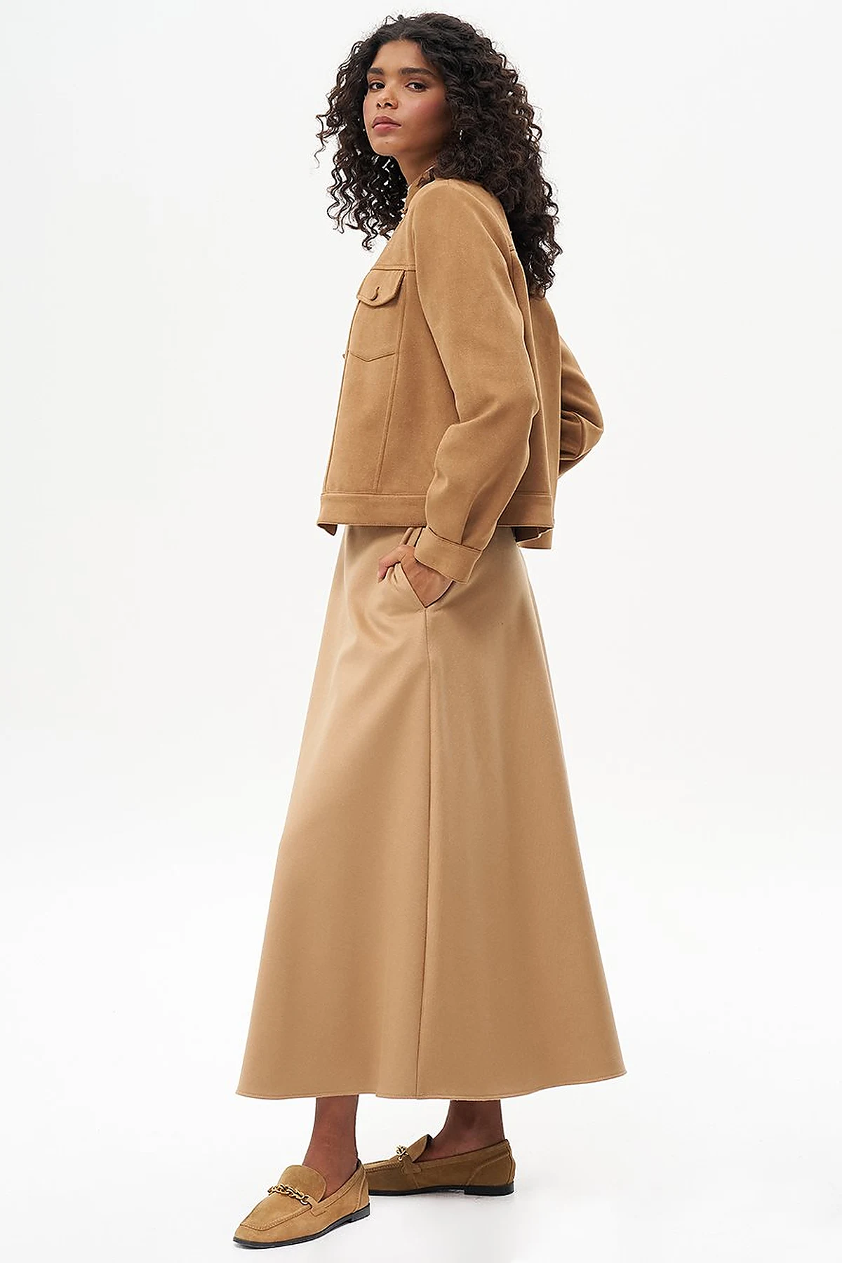 Zipper Detailed Flared Wool Skirt in Camel