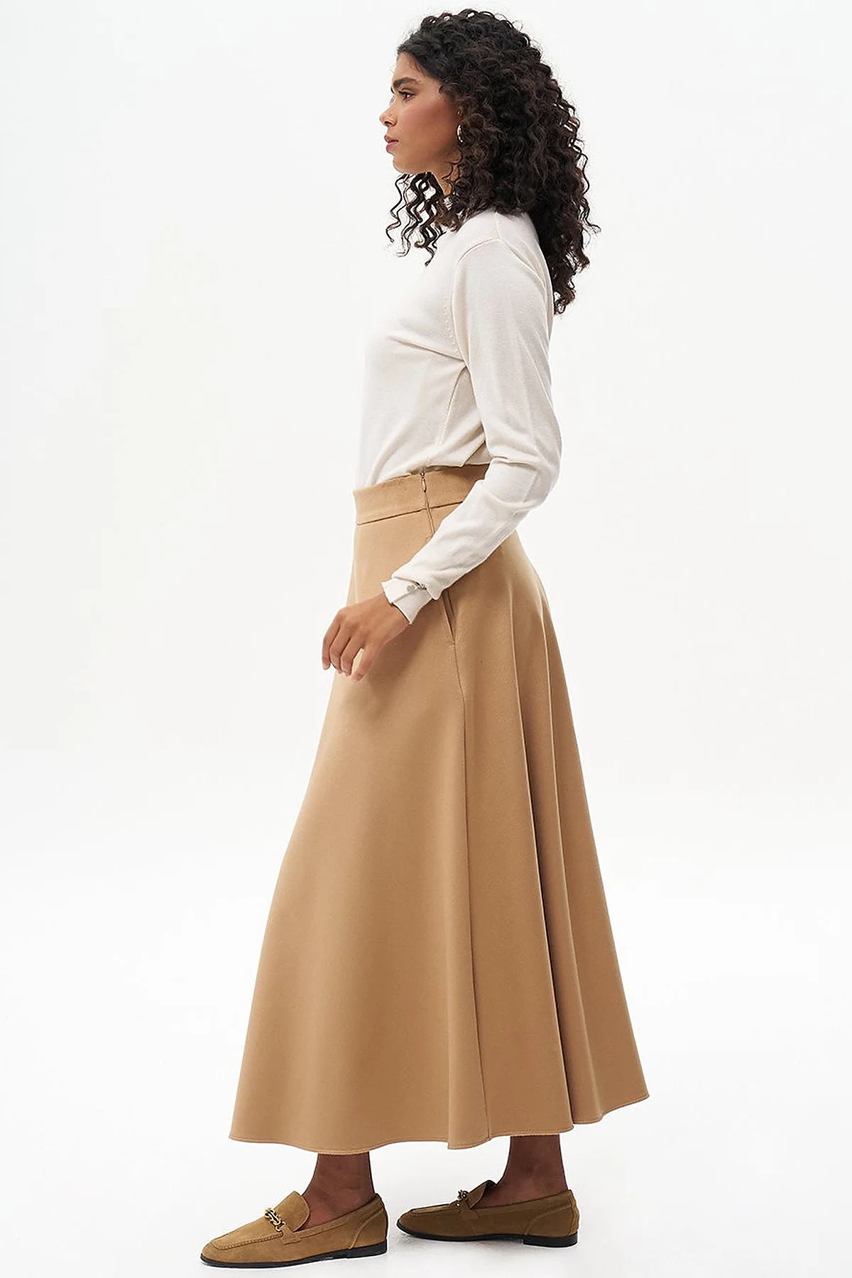 Zipper Detailed Flared Wool Skirt in Camel