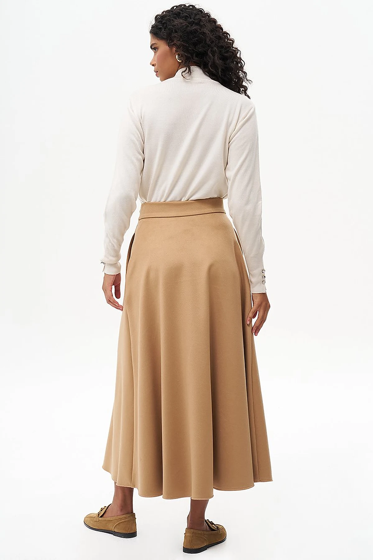 Zipper Detailed Flared Wool Skirt in Camel
