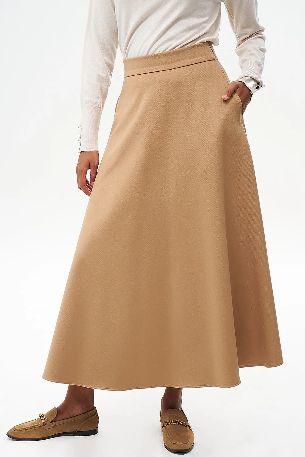 Zipper Detailed Flared Wool Skirt in Camel