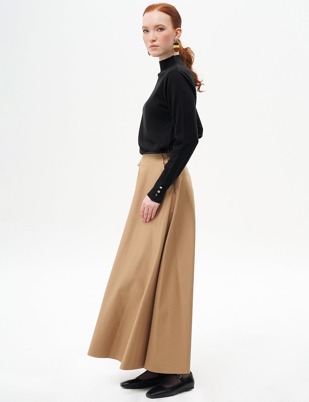 Piped Detail Flared Skirt Beige