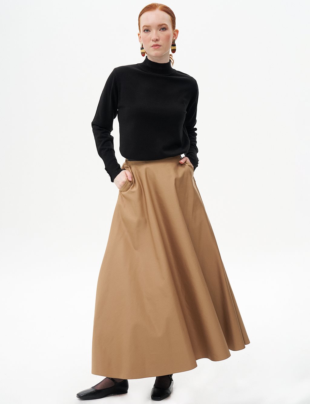 Piped Detail Flared Skirt Beige