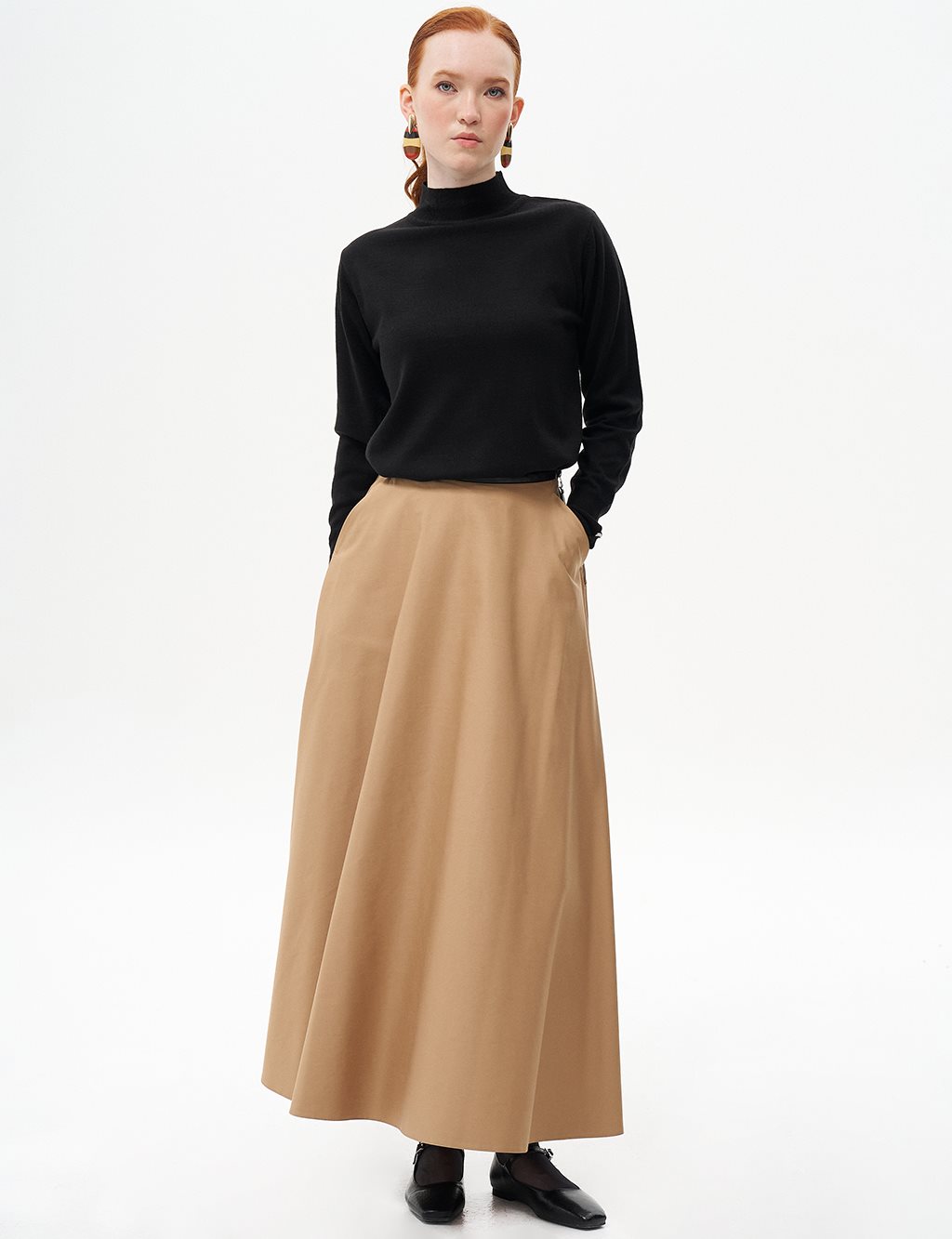 Piped Detail Flared Skirt Beige
